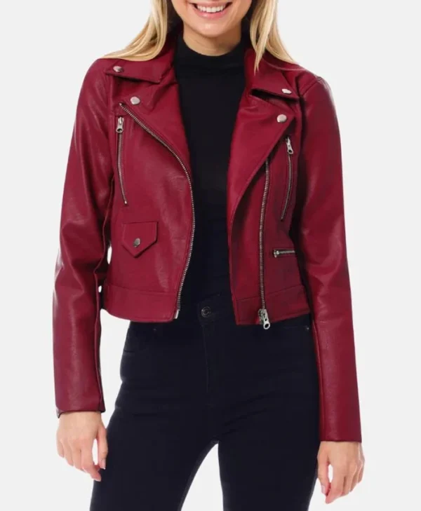 Womens Dark Red Cropped Leather Jacket webp