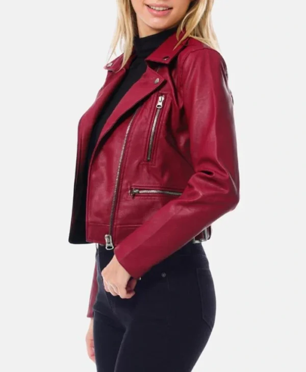 Womens Dark Red Cropped Leather Jacket Right Side webp