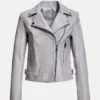 Womens Grey Leather Biker Jacket Front webp