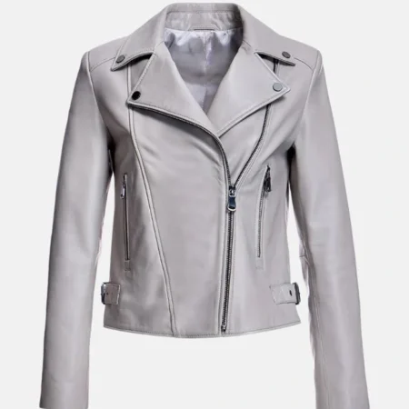 Womens Grey Leather Biker Jacket Front webp