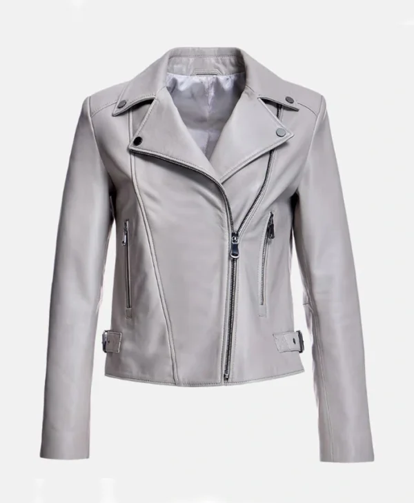 Womens Grey Leather Biker Jacket Front webp