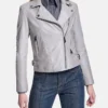 Womens Grey Leather Biker Jacket Main webp