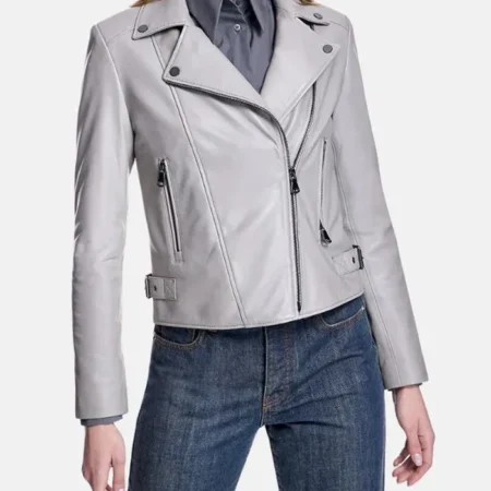 Womens Grey Leather Biker Jacket Main webp