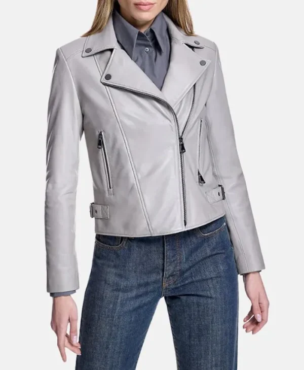 Womens Grey Leather Biker Jacket Main webp