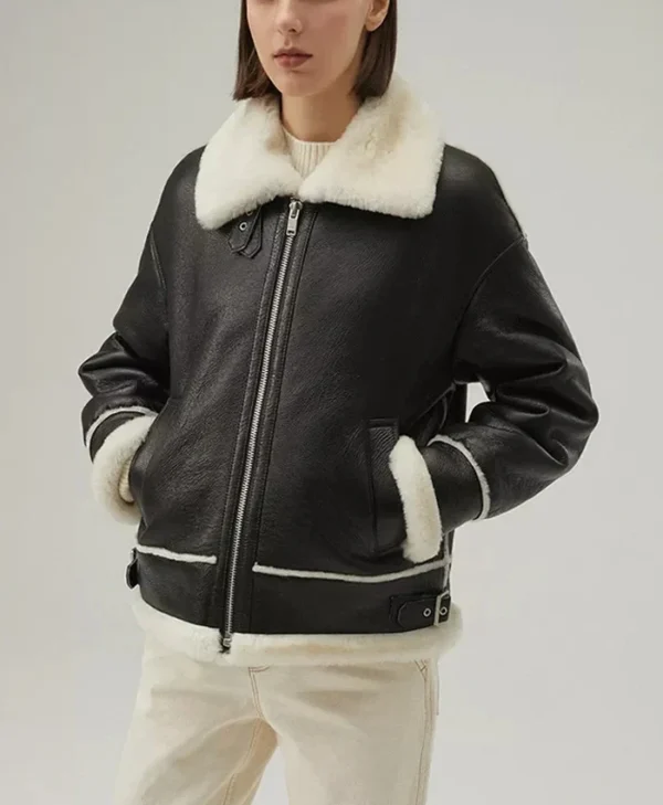 Womens Hooded Leather Jacket B3 Raf Aviator Pilot Cuffs webp