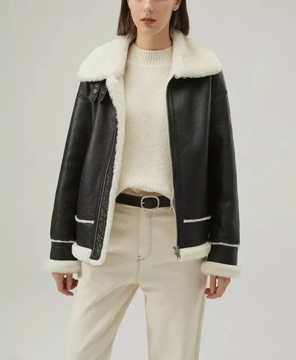 Womens Hooded Leather Jacket B3 Raf Aviator Pilot Main webp