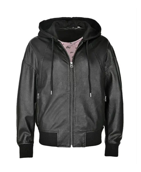 Womens Hooded Leather Jacket Front webp