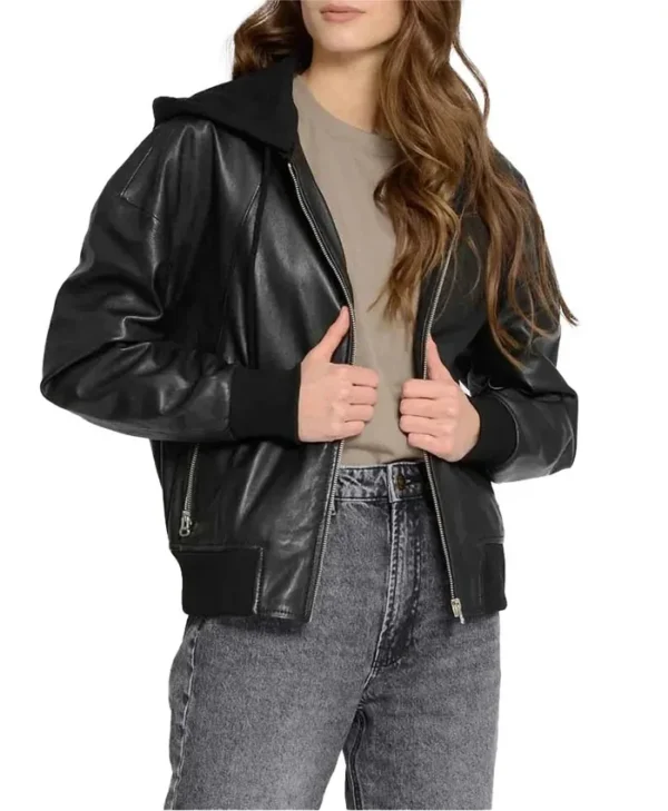 Womens Hooded Leather Jacket Main webp