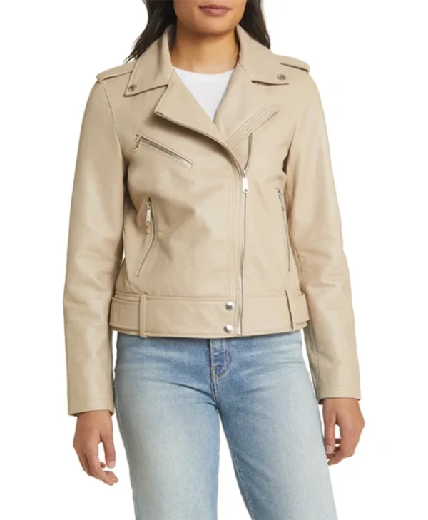 Womens Leather Beige Leather Motorcycle Jacket Front webp