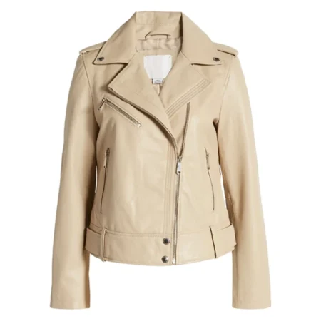 Womens Leather Beige Leather Motorcycle Jacket Main webp