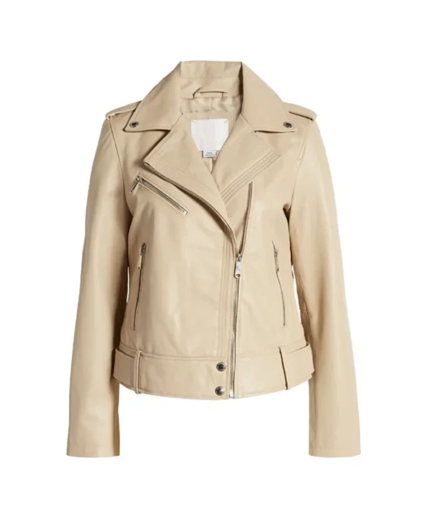 Womens Leather Beige Leather Motorcycle Jacket Main webp