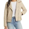Womens Leather Beige Leather Motorcycle Jacket Zipper webp