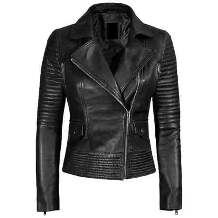 Womens Leather Biker Jacket Black Front webp