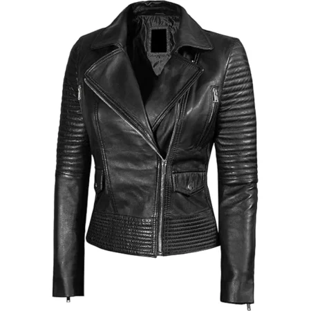 Womens Leather Biker Jacket Black Main webp