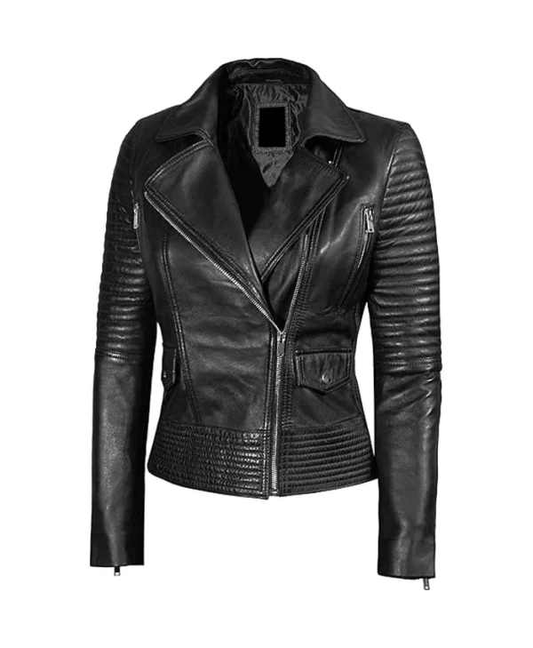 Womens Leather Biker Jacket Black Main webp