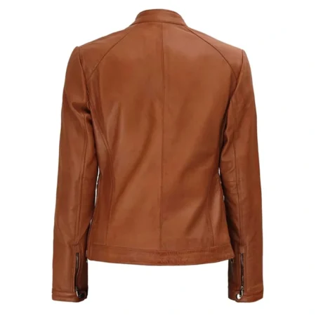 Womens Leather Biker Jacket Brown Back webp