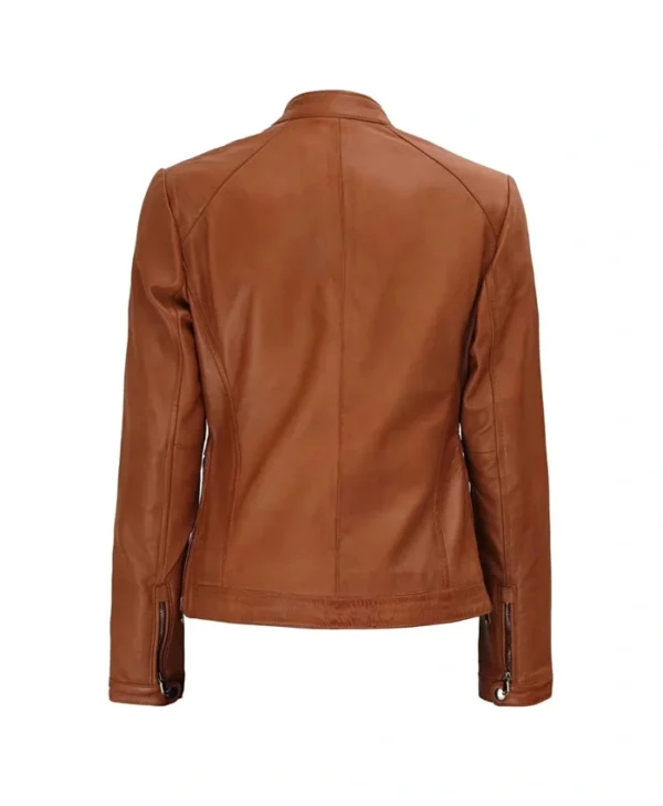 Womens Leather Biker Jacket Brown Back webp