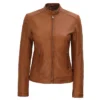 Womens Leather Biker Jacket Brown Main webp