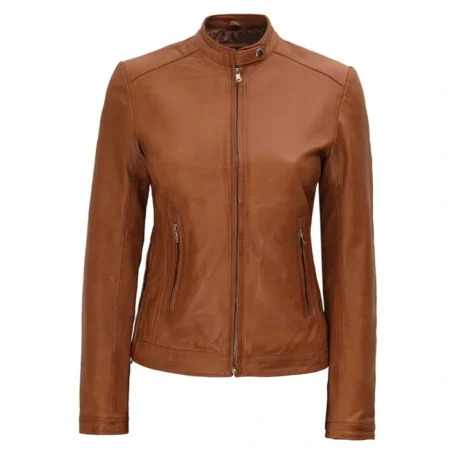 Womens Leather Biker Jacket Brown Main webp
