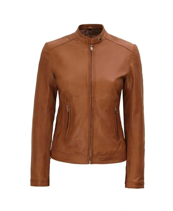 Womens Leather Biker Jacket Brown Main webp