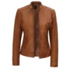 Womens Leather Biker Jacket Brown Zipper webp