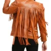 Womens Leather Brown Fringe Jacket Back webp