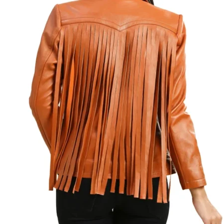 Womens Leather Brown Fringe Jacket Back Style webp