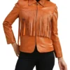 Womens Leather Brown Fringe Jacket Main webp