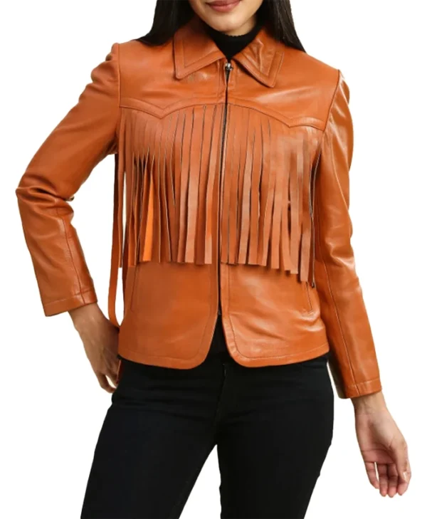 Womens Leather Brown Fringe Jacket Main webp