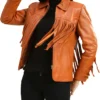 Womens Leather Brown Fringe Jacket Seeing webp