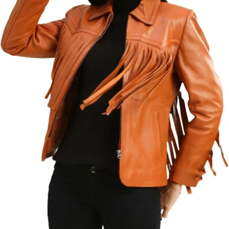 Womens Leather Brown Fringe Jacket Seeing webp