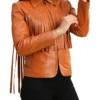Womens Leather Brown Fringe Jacket Sleeves webp