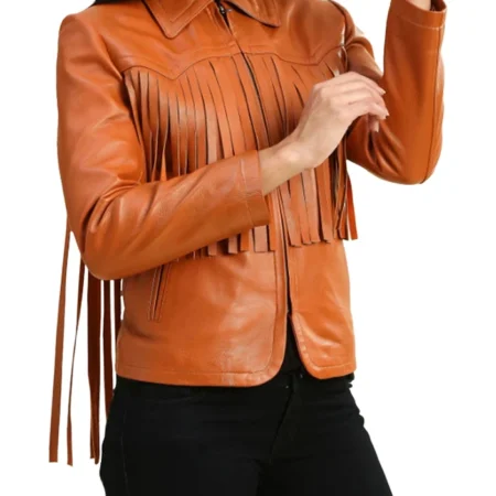 Womens Leather Brown Fringe Jacket Sleeves webp