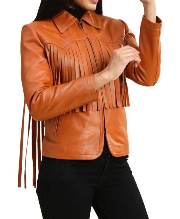 Womens Leather Brown Fringe Jacket Sleeves webp