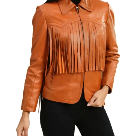 Womens Leather Brown Fringe Jacket Style webp