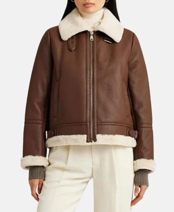 Womens Leather Brown Shearling Jacket Main webp