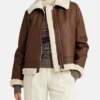 Womens Leather Brown Shearling Jacket Stand webp