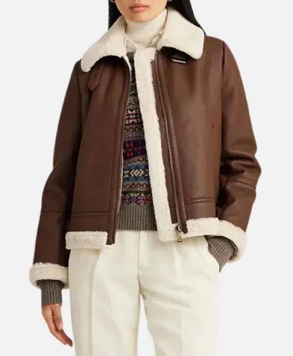 Womens Leather Brown Shearling Jacket Stand webp