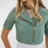 Womens Light Green Cropped Leather Jacket Collar webp