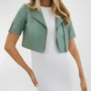 Womens Light Green Cropped Leather Jacket Main webp