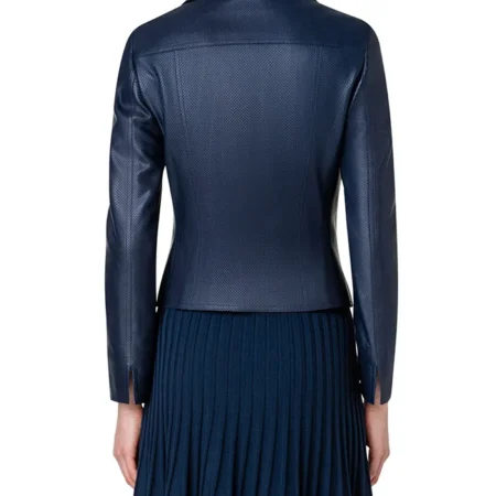 Womens Navy Blue Leather Biker Jacket Back webp