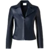 Womens Navy Blue Leather Biker Jacket Main webp