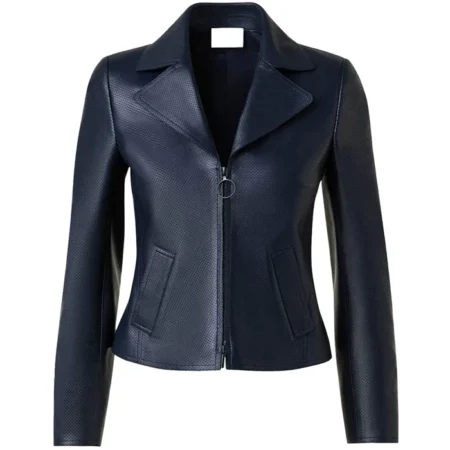 Womens Navy Blue Leather Biker Jacket Main webp
