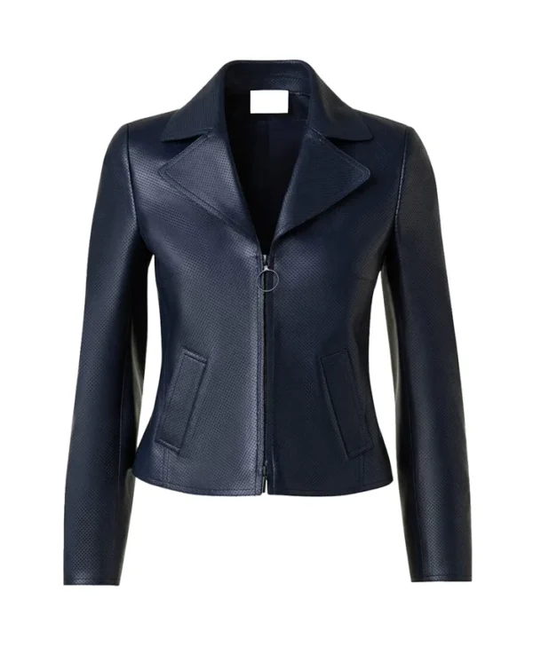 Womens Navy Blue Leather Biker Jacket Main webp