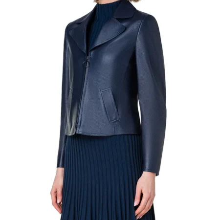 Womens Navy Blue Leather Biker Jacket Side webp