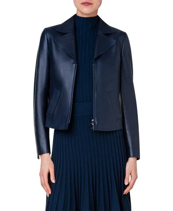 Womens Navy Blue Leather Biker Jacket Zipper webp