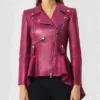 Womens Pink Peplum Leather Jacket Front webp