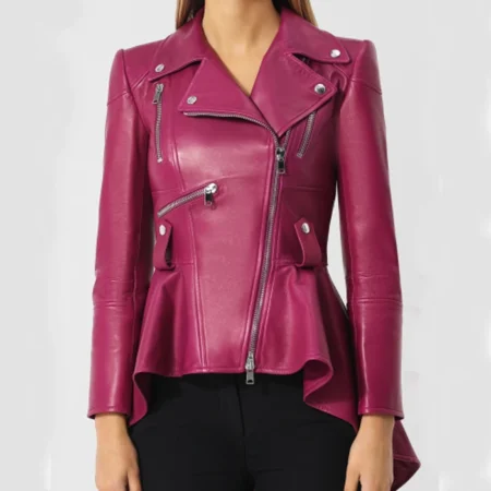 Womens Pink Peplum Leather Jacket Front webp