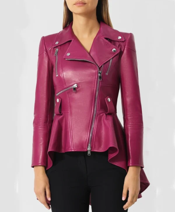 Womens Pink Peplum Leather Jacket Front webp
