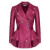 Womens Pink Peplum Leather Jacket Main webp